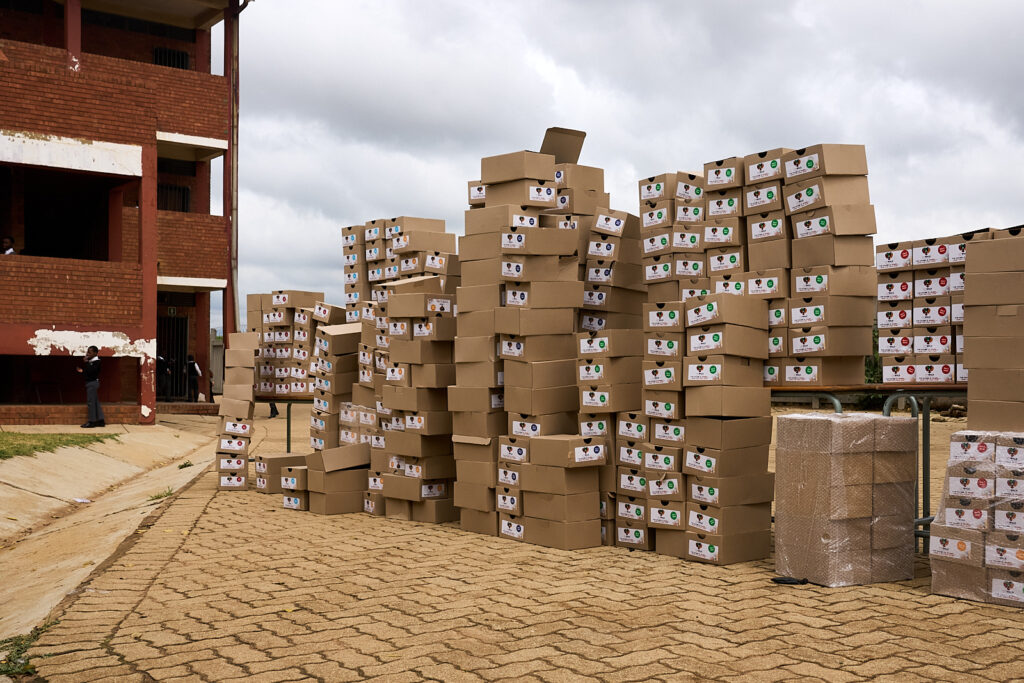 Some of the school shoes collected for the school
